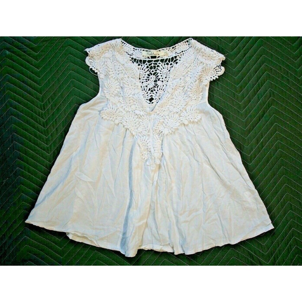 Solitaire White Flowy Bohemian Top Shirt  Knit Embroider Sz Small